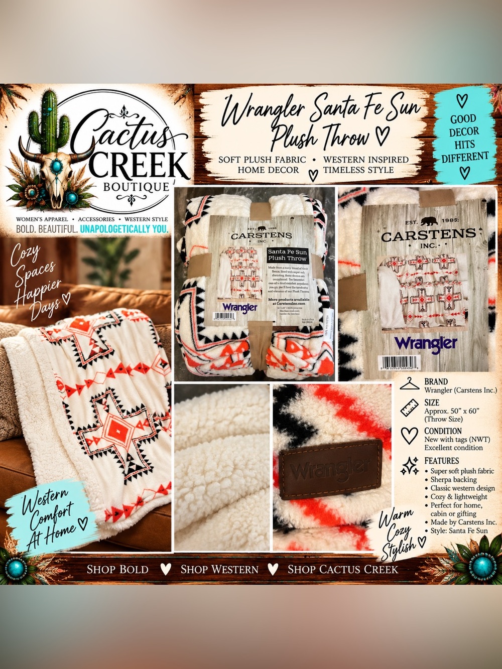 Wrangler Carstens Santa Fe Sun Plush Throw - NWT